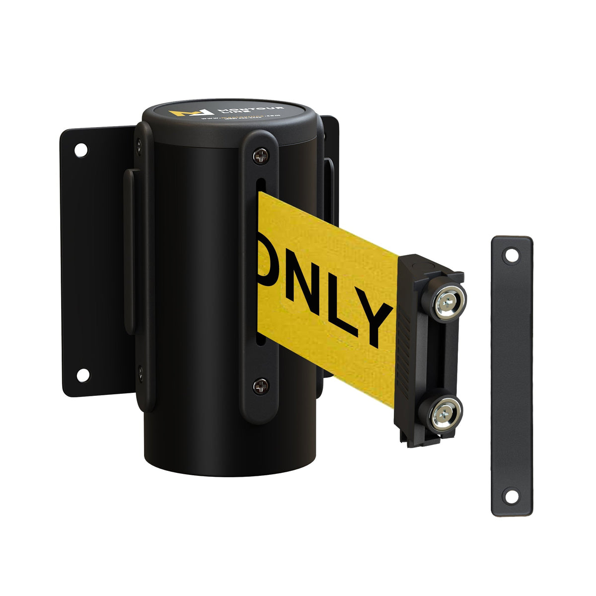 Wall Mounted Retractable Belt Barrier Fixed, Black Metal Case with Magnetic Belt End, 8.5 ft Belt - Montour Line WM115 - Crowd Control Warehouse