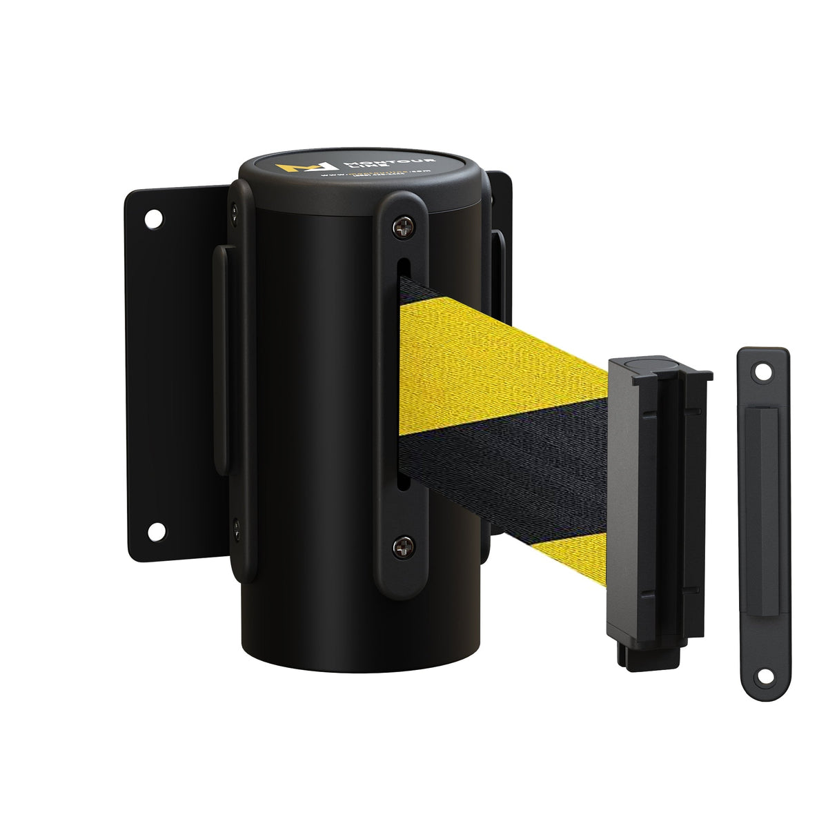 Wall Mounted Retractable Belt Barrier Fixed, Black Metal Case with Standard Belt End, 8.5 ft Belt - Montour Line WM115 - Crowd Control Warehouse