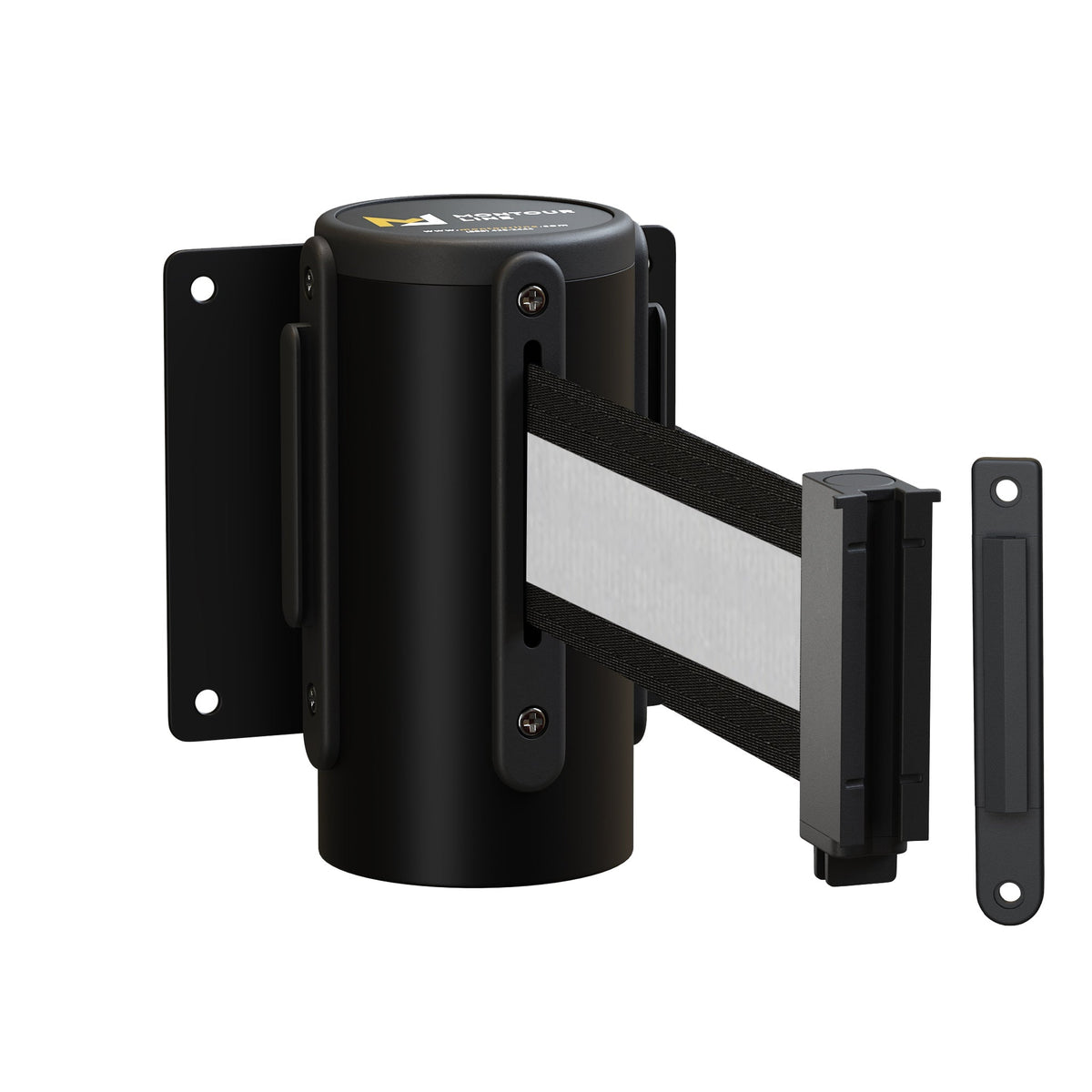 Wall Mounted Retractable Belt Barrier Fixed, Black Metal Case with Standard Belt End, 8.5 ft Belt - Montour Line WM115 - Crowd Control Warehouse