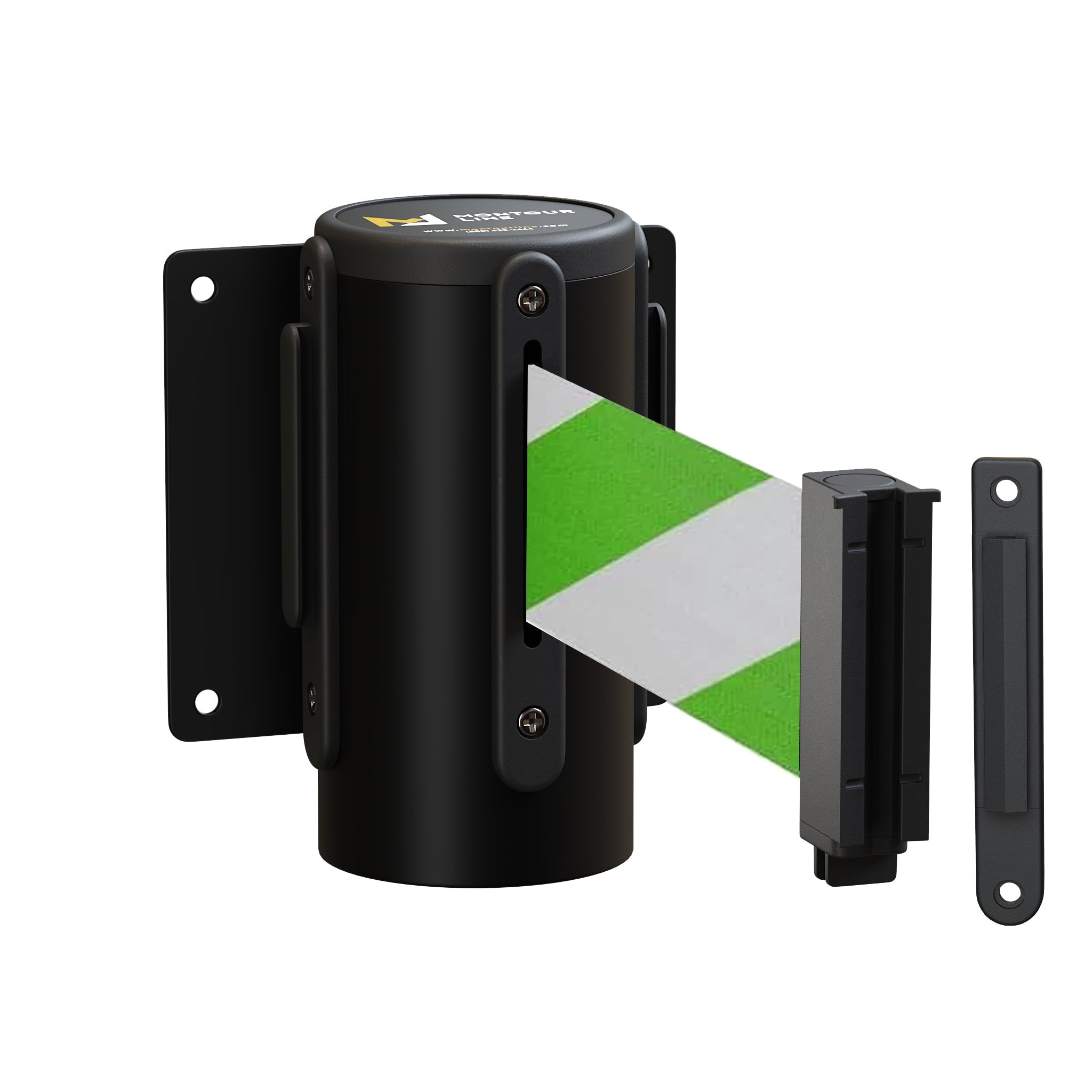 Wall Mounted Retractable Belt Barrier Fixed, Black Metal Case with Standard Belt End, 8.5 ft Belt - Montour Line WM115 - Crowd Control Warehouse