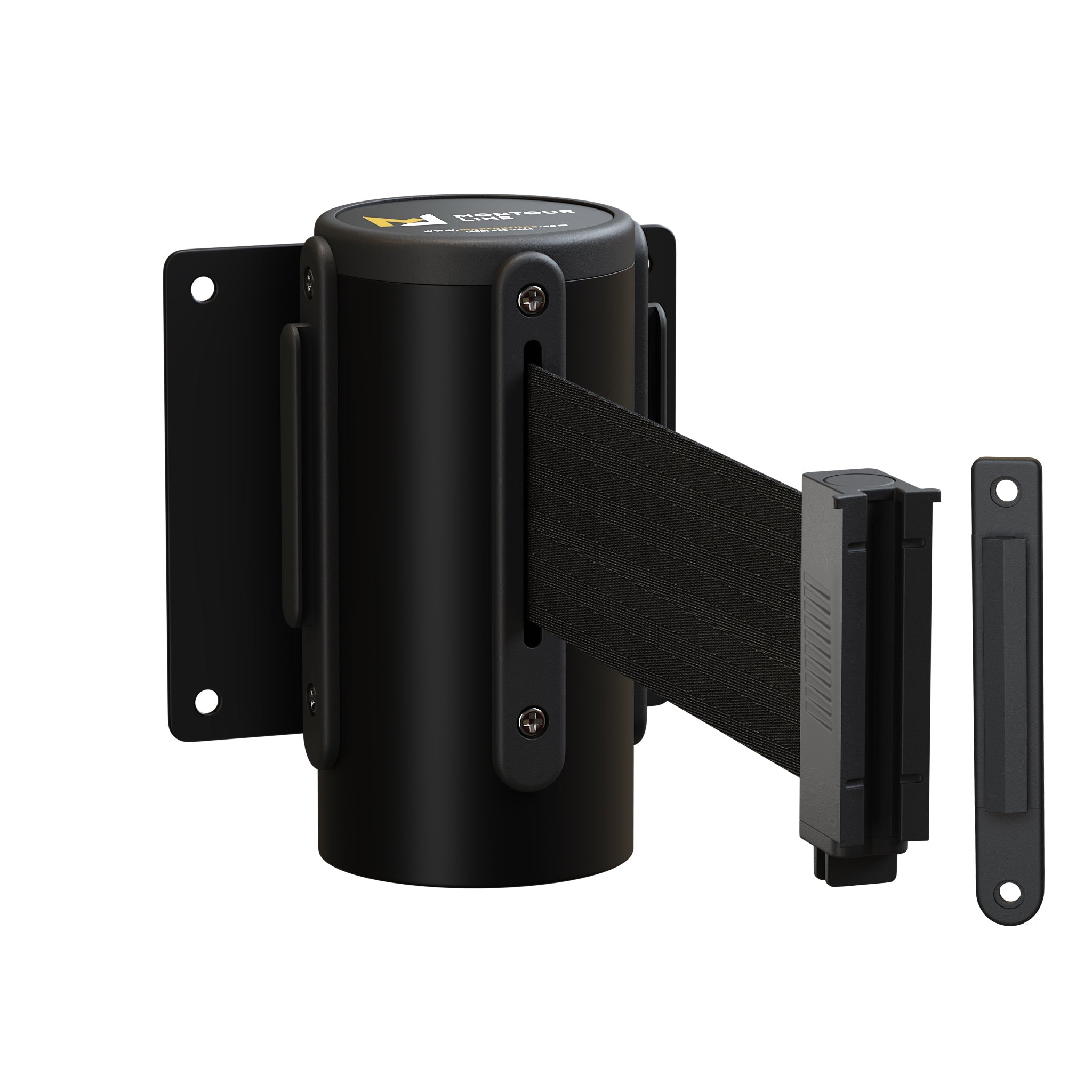 Wall Mounted Retractable Belt Barrier Fixed, Black Metal Case with Standard Belt End, 8.5 ft Belt - Montour Line WM115 - Crowd Control Warehouse