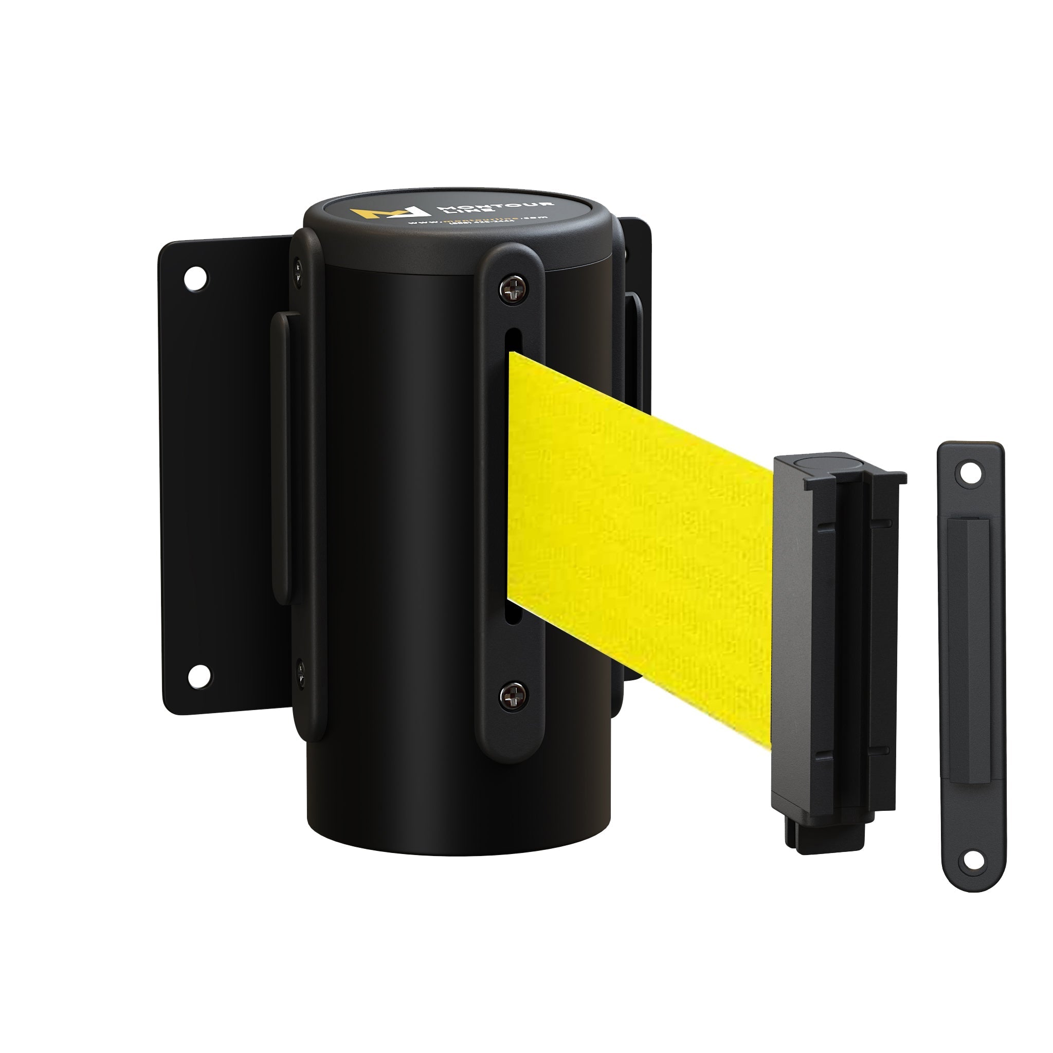 Wall Mounted Retractable Belt Barrier Fixed, Black Metal Case with Standard Belt End, 8.5 ft Belt - Montour Line WM115 - Crowd Control Warehouse