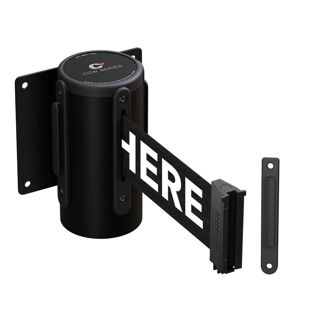 Wall Mounted Retractable Belt Barrier Fixed, Black Steel Case, 8.5 Ft. and 11 Ft. Belts - CCW Series WMB - 120 - Crowd Control Warehouse