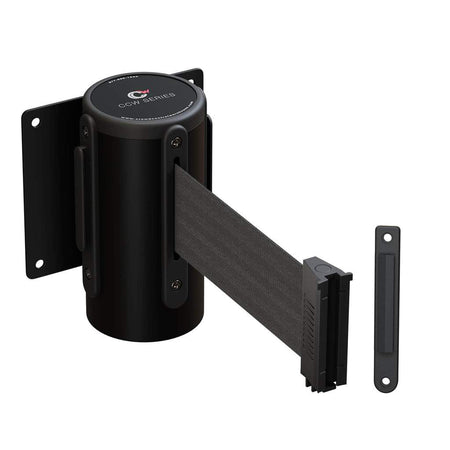 Wall Mounted Retractable Belt Barrier Fixed, Black Steel Case, 8.5 Ft. and 11 Ft. Belts - CCW Series WMB - 120 - Crowd Control Warehouse