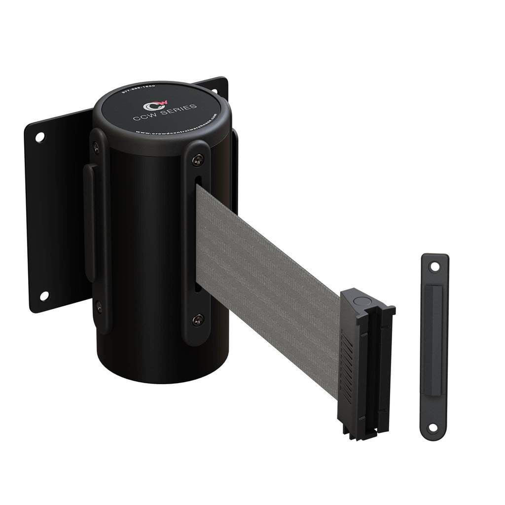 Wall Mounted Retractable Belt Barrier Fixed, Black Steel Case, 8.5 Ft. and 11 Ft. Belts - CCW Series WMB - 120 - Crowd Control Warehouse