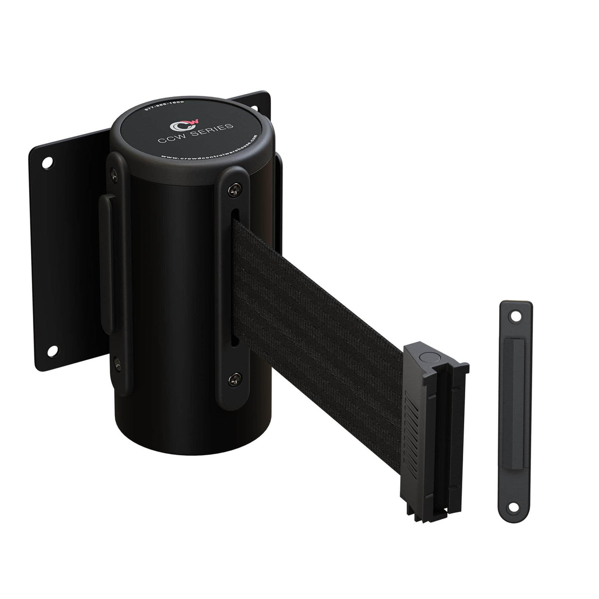 Wall Mounted Retractable Belt Barrier Fixed, Black Steel Case, 8.5 Ft. and 11 Ft. Belts - CCW Series WMB - 120 - Crowd Control Warehouse