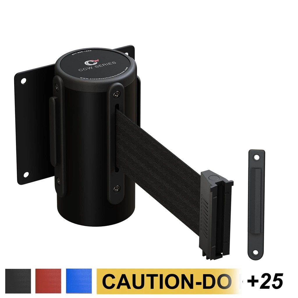 Wall Mounted Retractable Belt Barrier Fixed, Black Steel Case, 8.5 Ft. and 11 Ft. Belts - CCW Series WMB - 120 - Crowd Control Warehouse