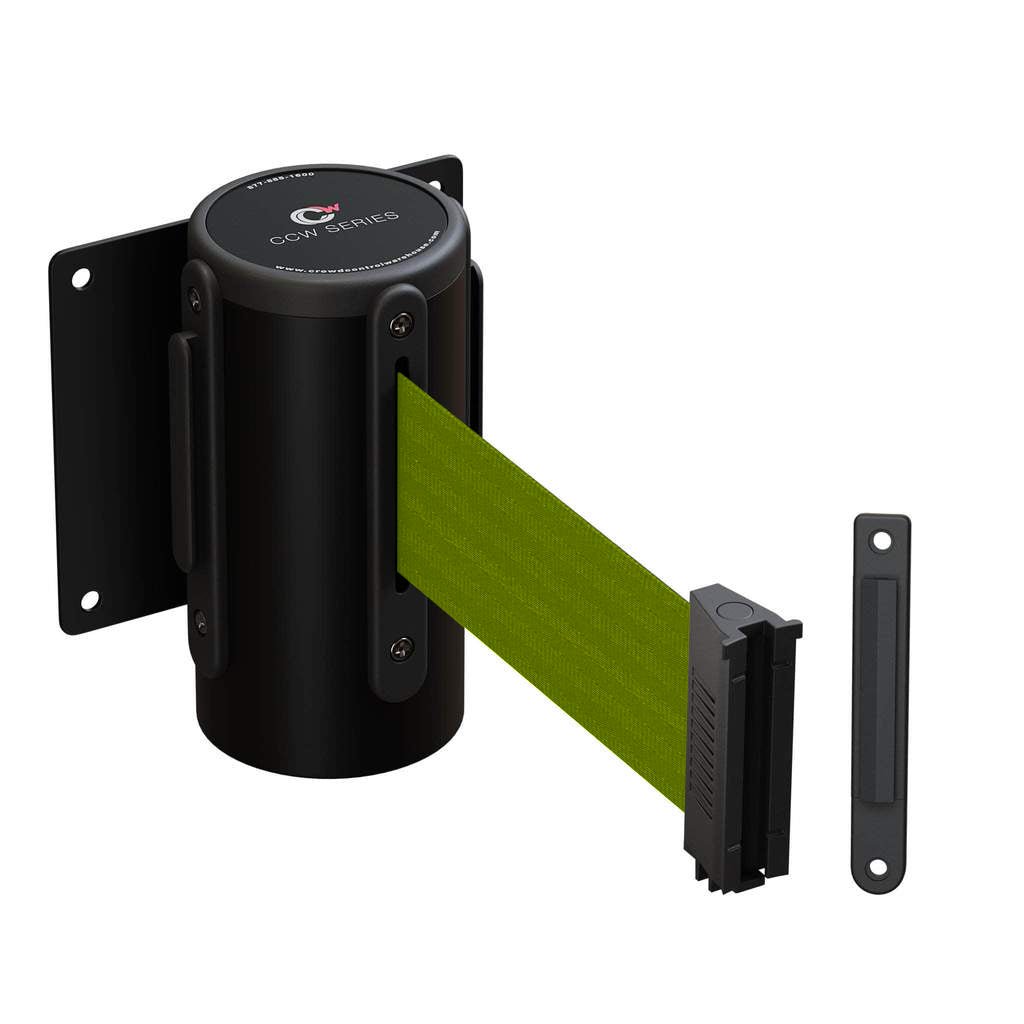 Wall Mounted Retractable Belt Barrier Fixed, Black Steel Case, 8.5 Ft. and 11 Ft. Belts - CCW Series WMB - 120 - Crowd Control Warehouse