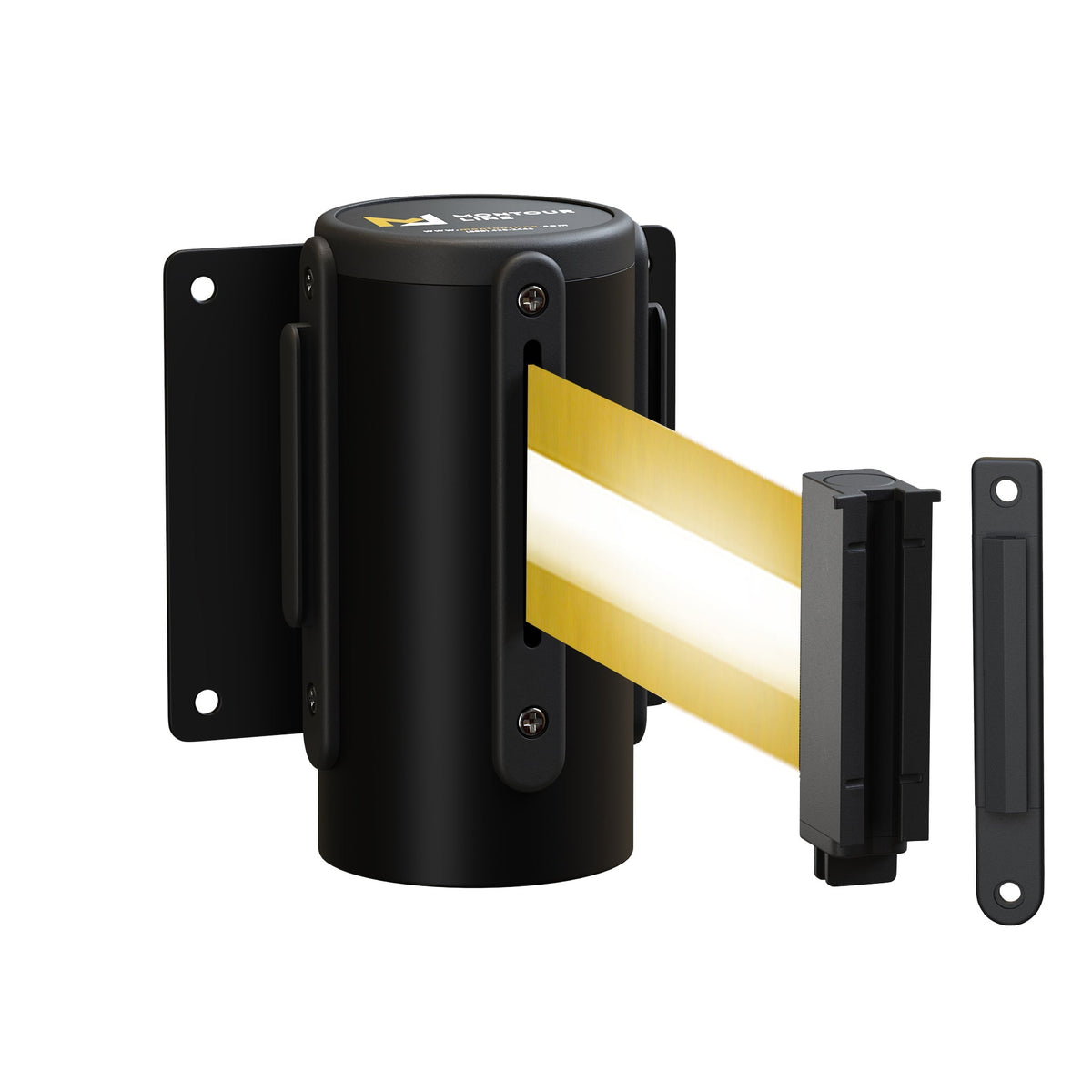 Wall Mounted Retractable Belt Barrier Fixed, Black Steel Metal Case with Standard Belt End, 13 ft Belt - Montour Line WM115 - Crowd Control Warehouse