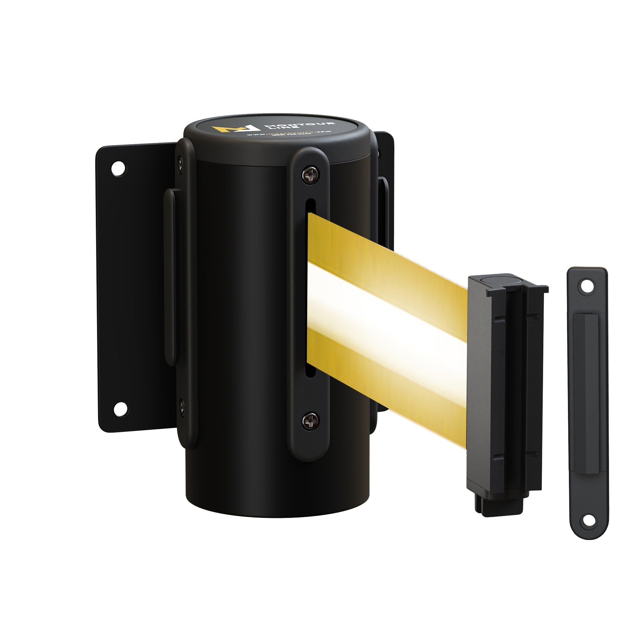 Wall Mounted Retractable Belt Barrier Fixed, Black Steel Metal Case with Standard Belt End, 13 ft Belt - Montour Line WM115 - Crowd Control Warehouse