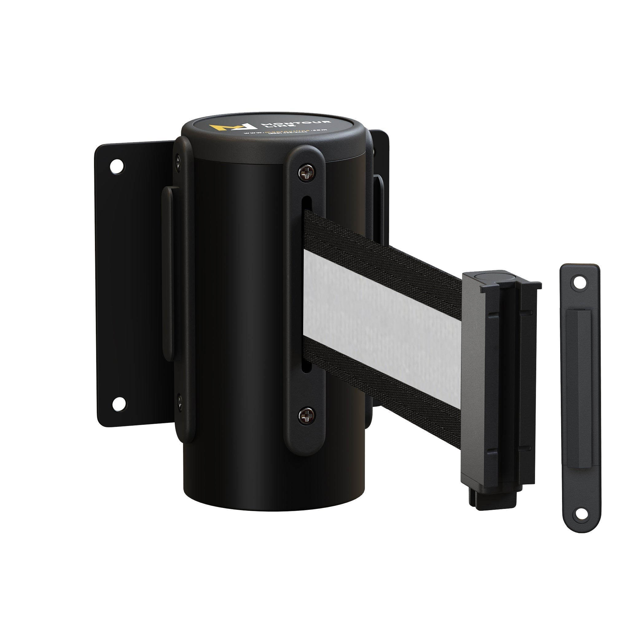 Wall Mounted Retractable Belt Barrier Fixed, Black Steel Metal Case with Standard Belt End, 13 ft Belt - Montour Line WM115 - Crowd Control Warehouse