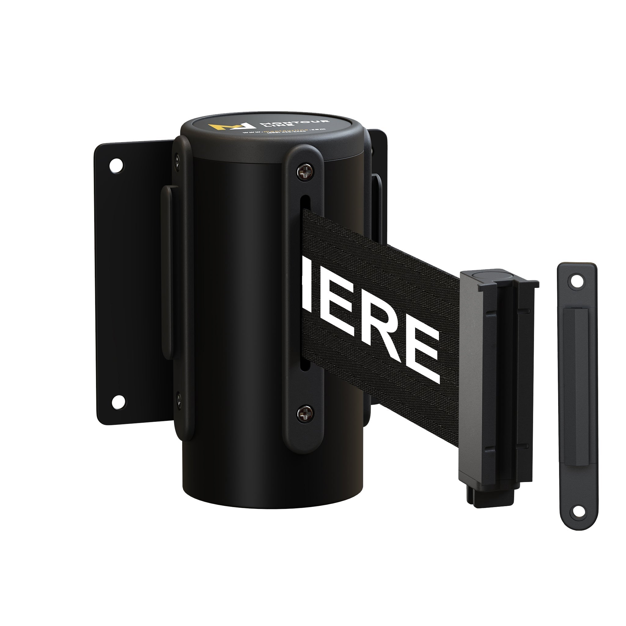 Wall Mounted Retractable Belt Barrier Fixed, Black Steel Metal Case with Standard Belt End, 13 ft Belt - Montour Line WM115 - Crowd Control Warehouse