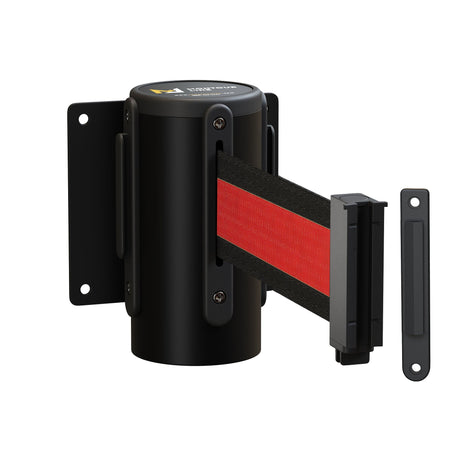 Wall Mounted Retractable Belt Barrier Fixed, Black Steel Metal Case with Standard Belt End, 13 ft Belt - Montour Line WM115 - Crowd Control Warehouse