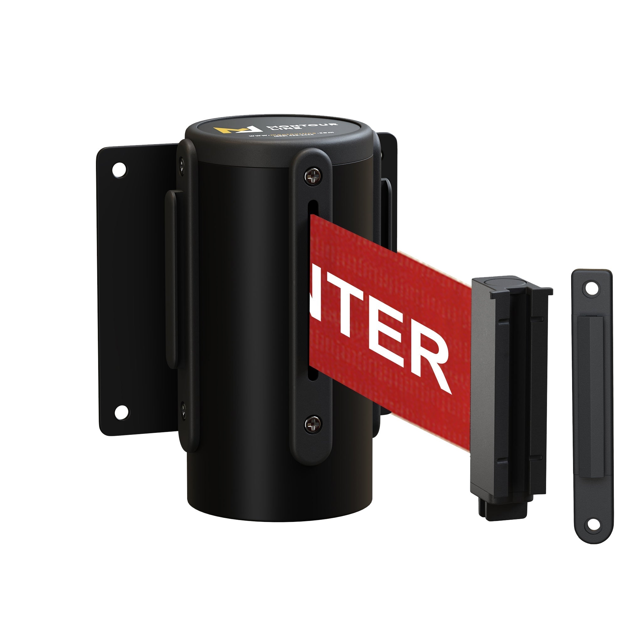 Wall Mounted Retractable Belt Barrier Fixed, Black Steel Metal Case with Standard Belt End, 13 ft Belt - Montour Line WM115 - Crowd Control Warehouse