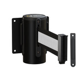 Wall Mounted Retractable Belt Barrier, Fixed Mount, Black Casing with Standard Belt End, 11 ft Belt - Montour Line WM115 - Crowd Control Warehouse