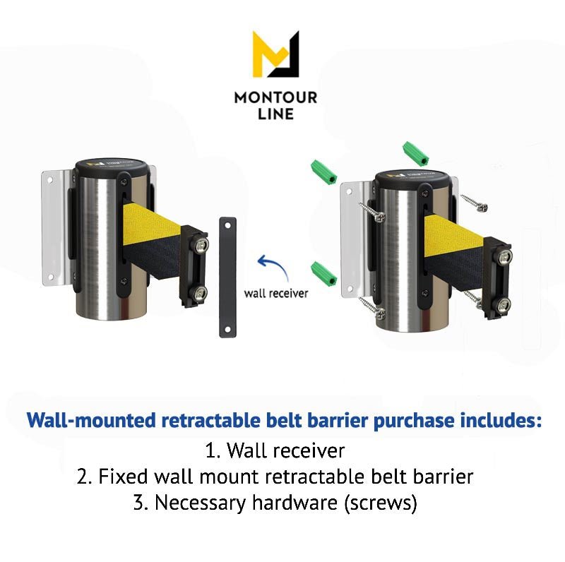 Wall Mounted Retractable Belt Barrier, Fixed Mount, Polished Stainless Steel Casing with Magnetic Belt End, 11 ft Belt - Montour Line WM115 - Crowd Control Warehouse