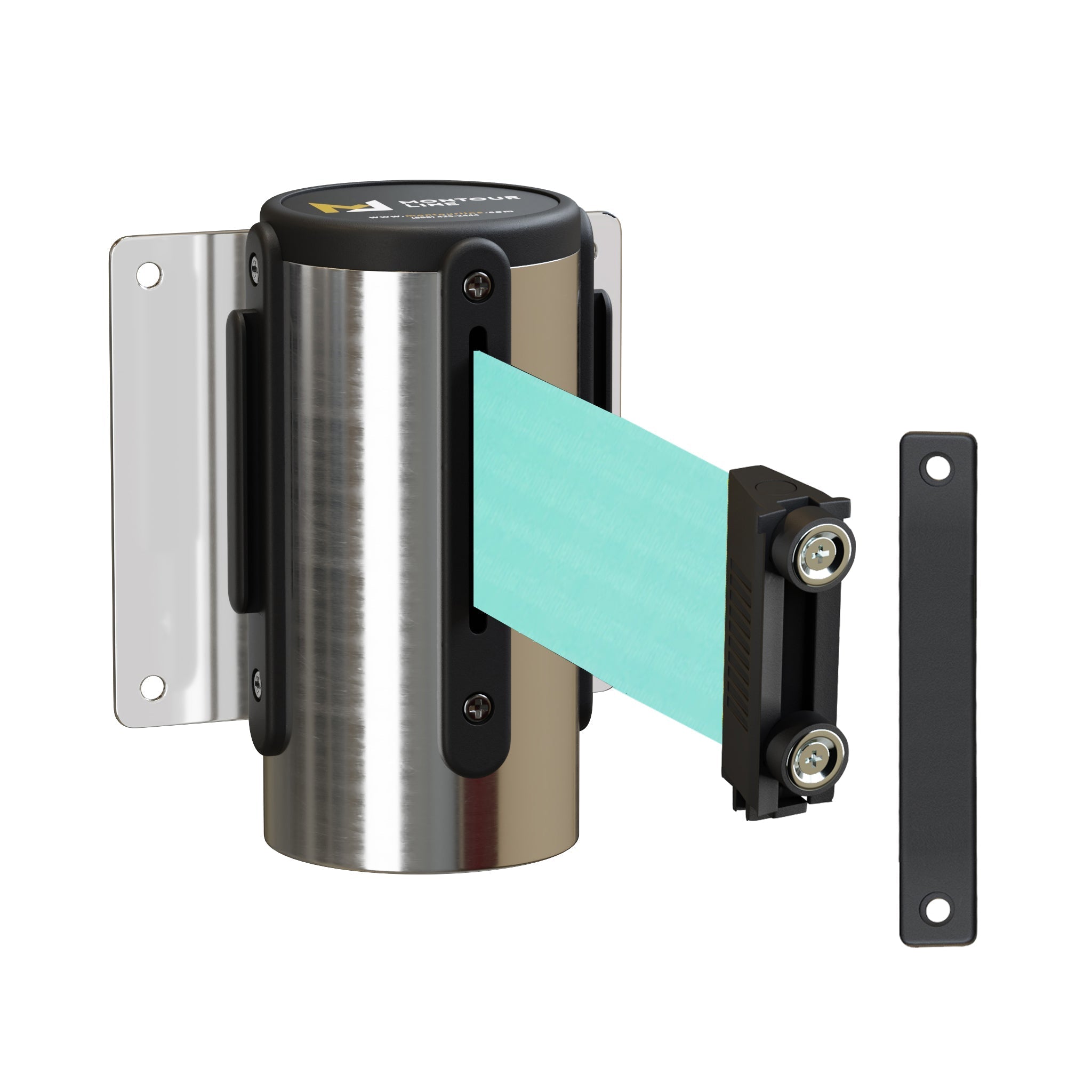 Wall Mounted Retractable Belt Barrier, Fixed Mount, Polished Stainless Steel Casing with Magnetic Belt End, 11 ft Belt - Montour Line WM115 - Crowd Control Warehouse