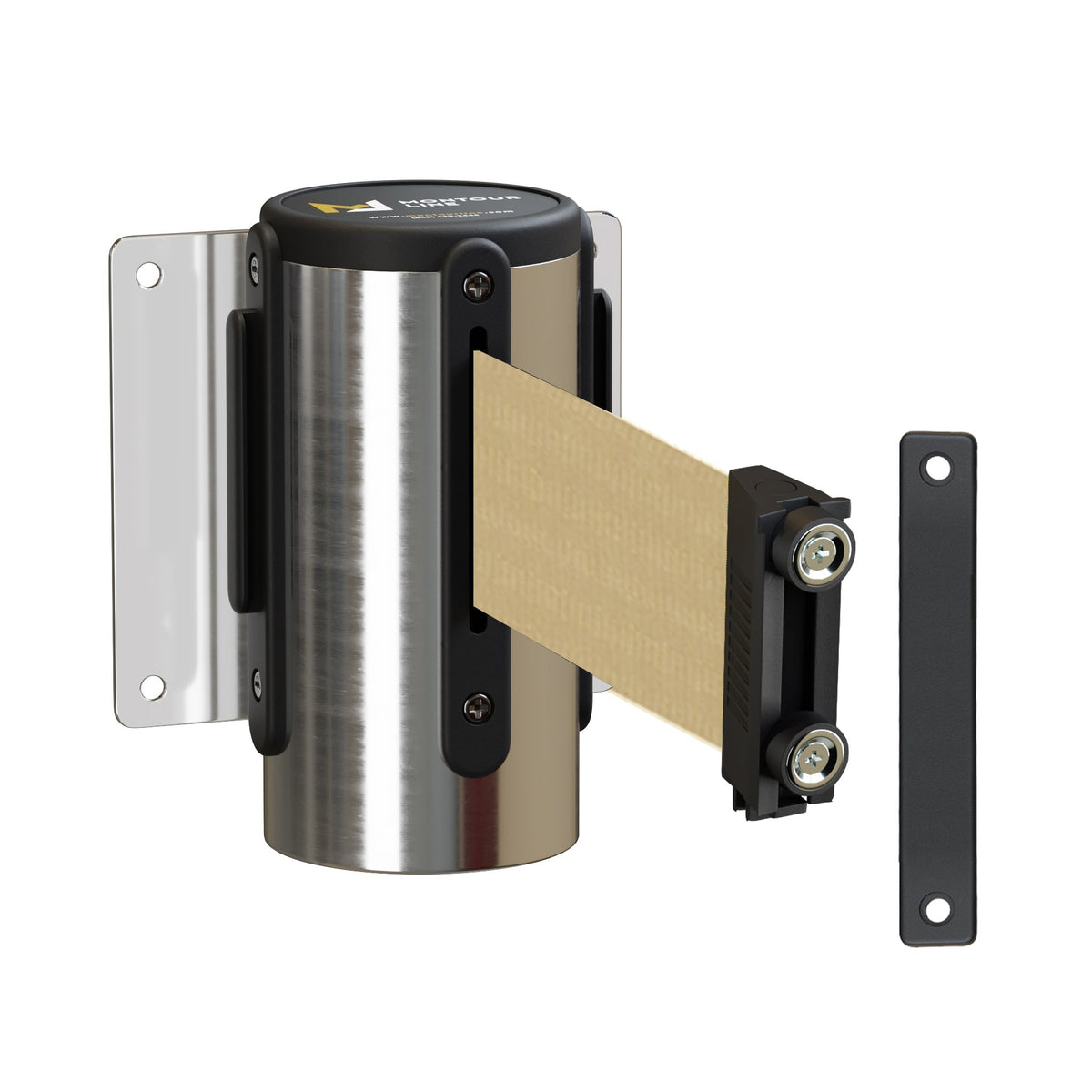 Wall Mounted Retractable Belt Barrier, Fixed Mount, Polished Stainless Steel Casing with Magnetic Belt End, 11 ft Belt - Montour Line WM115 - Crowd Control Warehouse