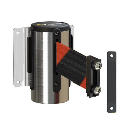 Wall Mounted Retractable Belt Barrier, Fixed Mount, Polished Stainless Steel Casing with Magnetic Belt End, 11 ft Belt - Montour Line WM115 - Crowd Control Warehouse