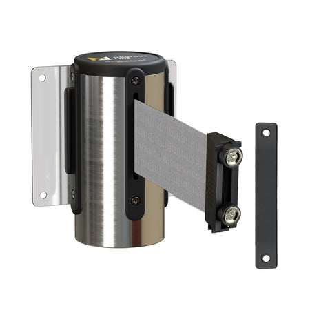 Wall Mounted Retractable Belt Barrier, Fixed Mount, Polished Stainless Steel Casing with Magnetic Belt End, 11 ft Belt - Montour Line WM115 - Crowd Control Warehouse