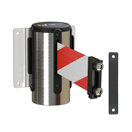 Wall Mounted Retractable Belt Barrier, Fixed Mount, Polished Stainless Steel Casing with Magnetic Belt End, 11 ft Belt - Montour Line WM115 - Crowd Control Warehouse