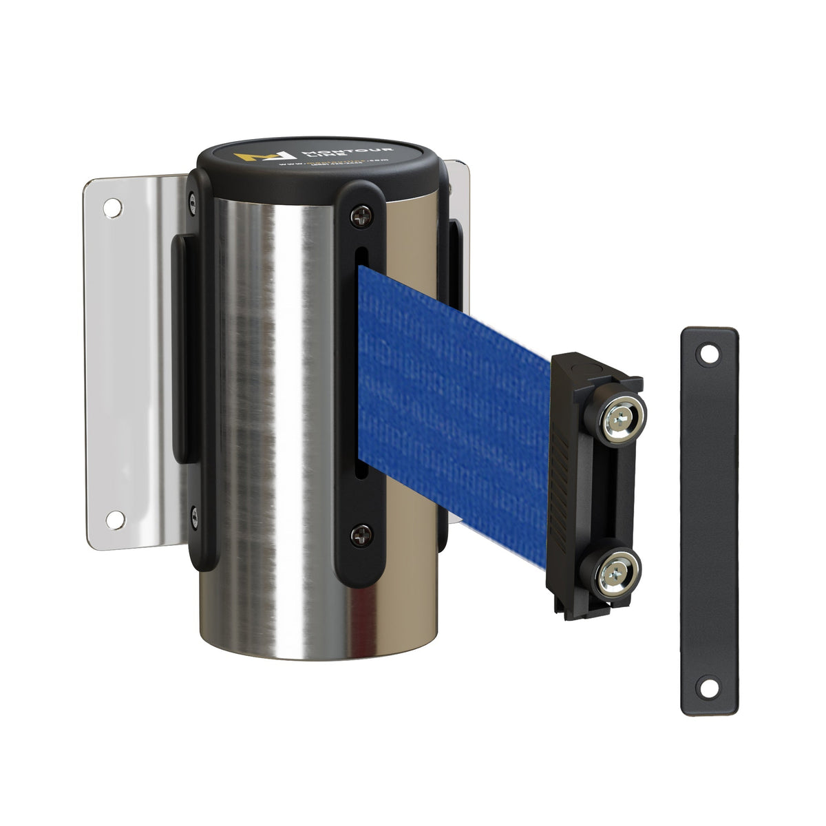 Wall Mounted Retractable Belt Barrier, Fixed Mount, Polished Stainless Steel Casing with Magnetic Belt End, 11 ft Belt - Montour Line WM115 - Crowd Control Warehouse