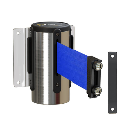 Wall Mounted Retractable Belt Barrier, Fixed Mount, Polished Stainless Steel Casing with Magnetic Belt End, 11 ft Belt - Montour Line WM115 - Crowd Control Warehouse