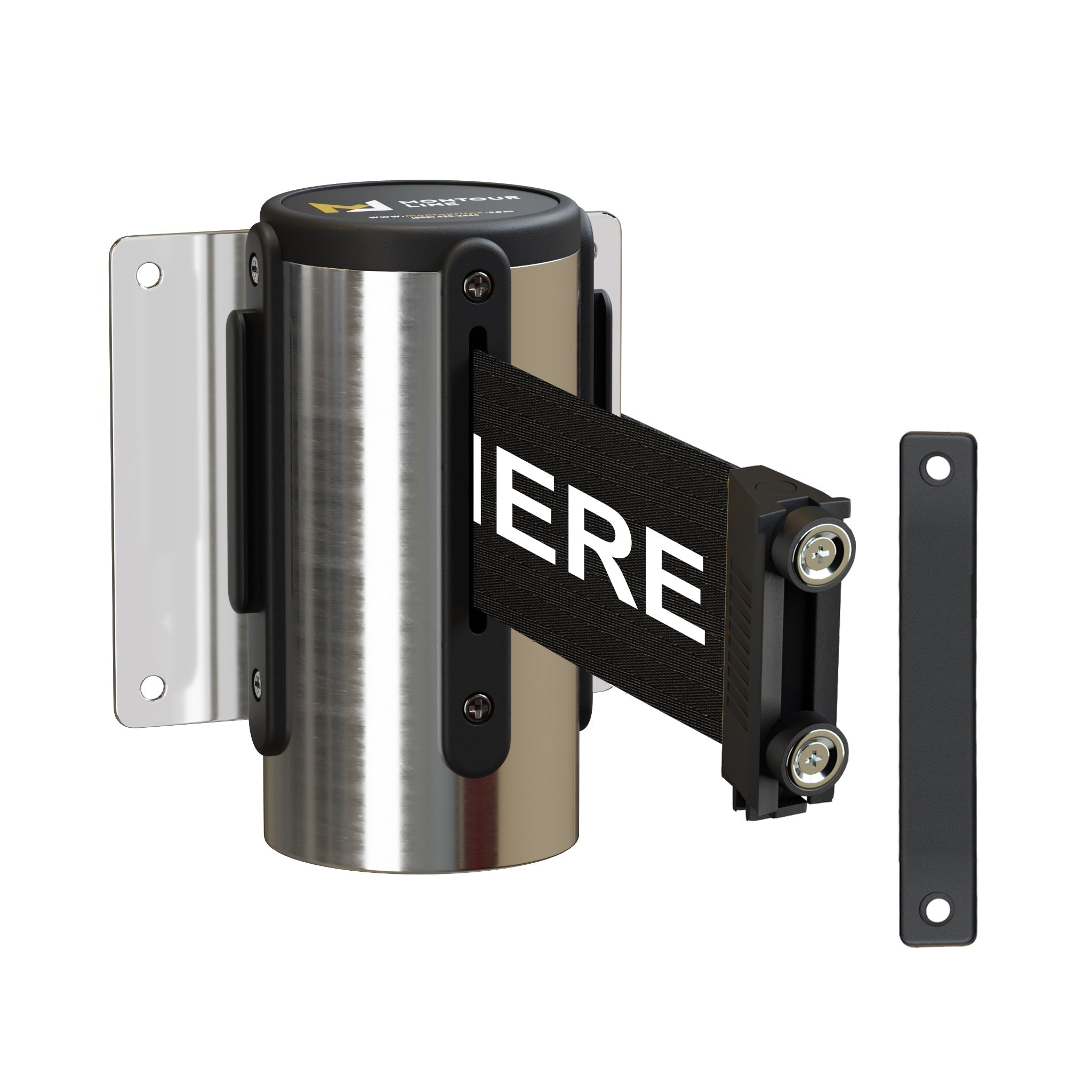 Wall Mounted Retractable Belt Barrier, Fixed Mount, Polished Stainless Steel Casing with Magnetic Belt End, 8.5 ft Belt - Montour Line WM115 - Crowd Control Warehouse