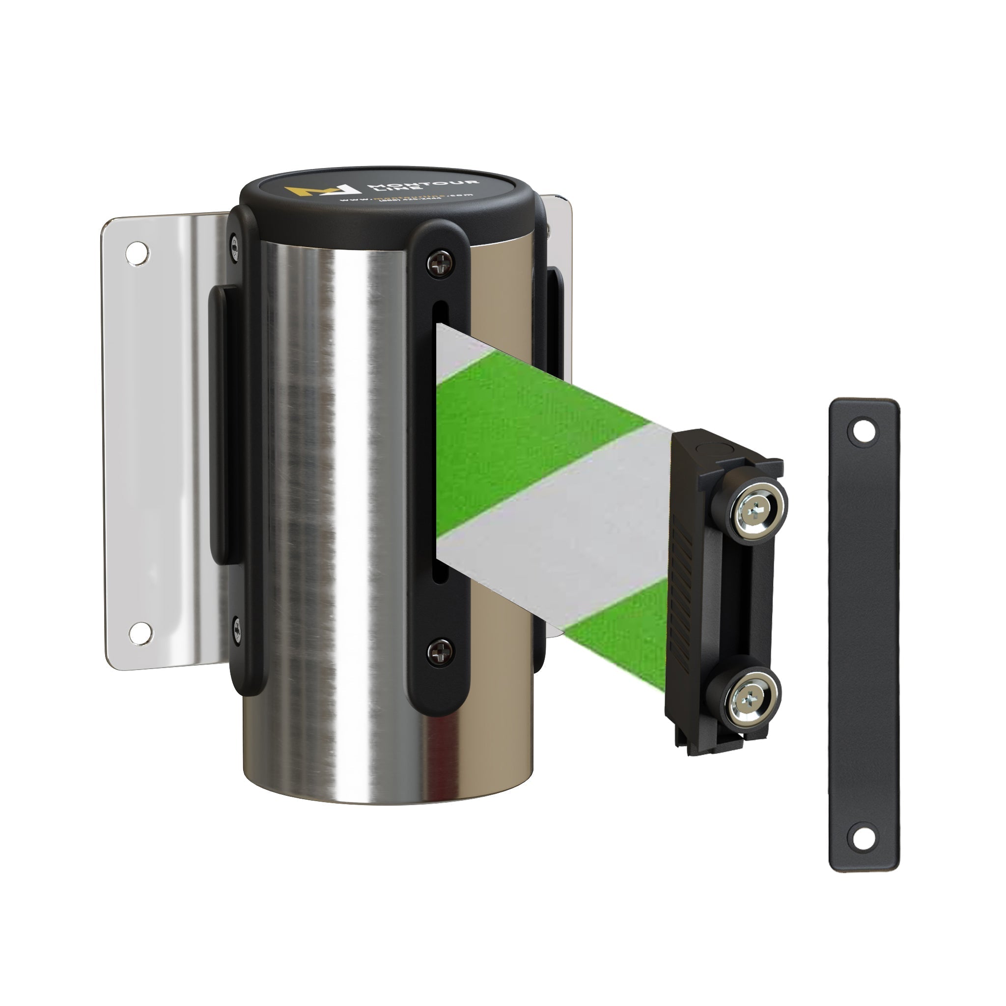 Wall Mounted Retractable Belt Barrier, Fixed Mount, Polished Stainless Steel Casing with Magnetic Belt End, 8.5 ft Belt - Montour Line WM115 - Crowd Control Warehouse