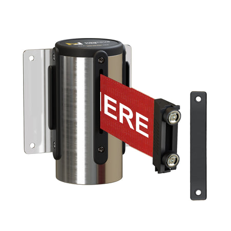 Wall Mounted Retractable Belt Barrier, Fixed Mount, Polished Stainless Steel Casing with Magnetic Belt End, 8.5 ft Belt - Montour Line WM115 - Crowd Control Warehouse