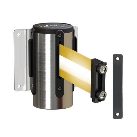 Wall Mounted Retractable Belt Barrier, Fixed Mount, Polished Stainless Steel Casing with Magnetic Belt End, 8.5 ft Belt - Montour Line WM115 - Crowd Control Warehouse