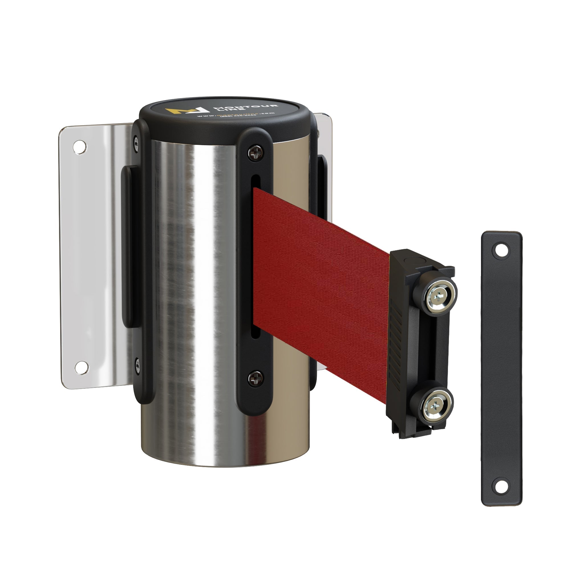 Wall Mounted Retractable Belt Barrier, Fixed Mount, Polished Stainless Steel Casing with Magnetic Belt End, 8.5 ft Belt - Montour Line WM115 - Crowd Control Warehouse