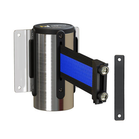 Wall Mounted Retractable Belt Barrier, Fixed Mount, Polished Stainless Steel Casing with Magnetic Belt End, 8.5 ft Belt - Montour Line WM115 - Crowd Control Warehouse