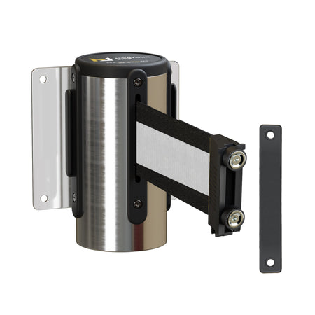 Wall Mounted Retractable Belt Barrier, Fixed Mount, Polished Stainless Steel Casing with Magnetic Belt End, 8.5 ft Belt - Montour Line WM115 - Crowd Control Warehouse