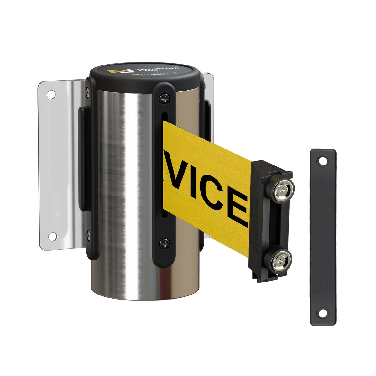 Wall Mounted Retractable Belt Barrier, Fixed Mount, Polished Stainless Steel Casing with Magnetic Belt End, 8.5 ft Belt - Montour Line WM115 - Crowd Control Warehouse