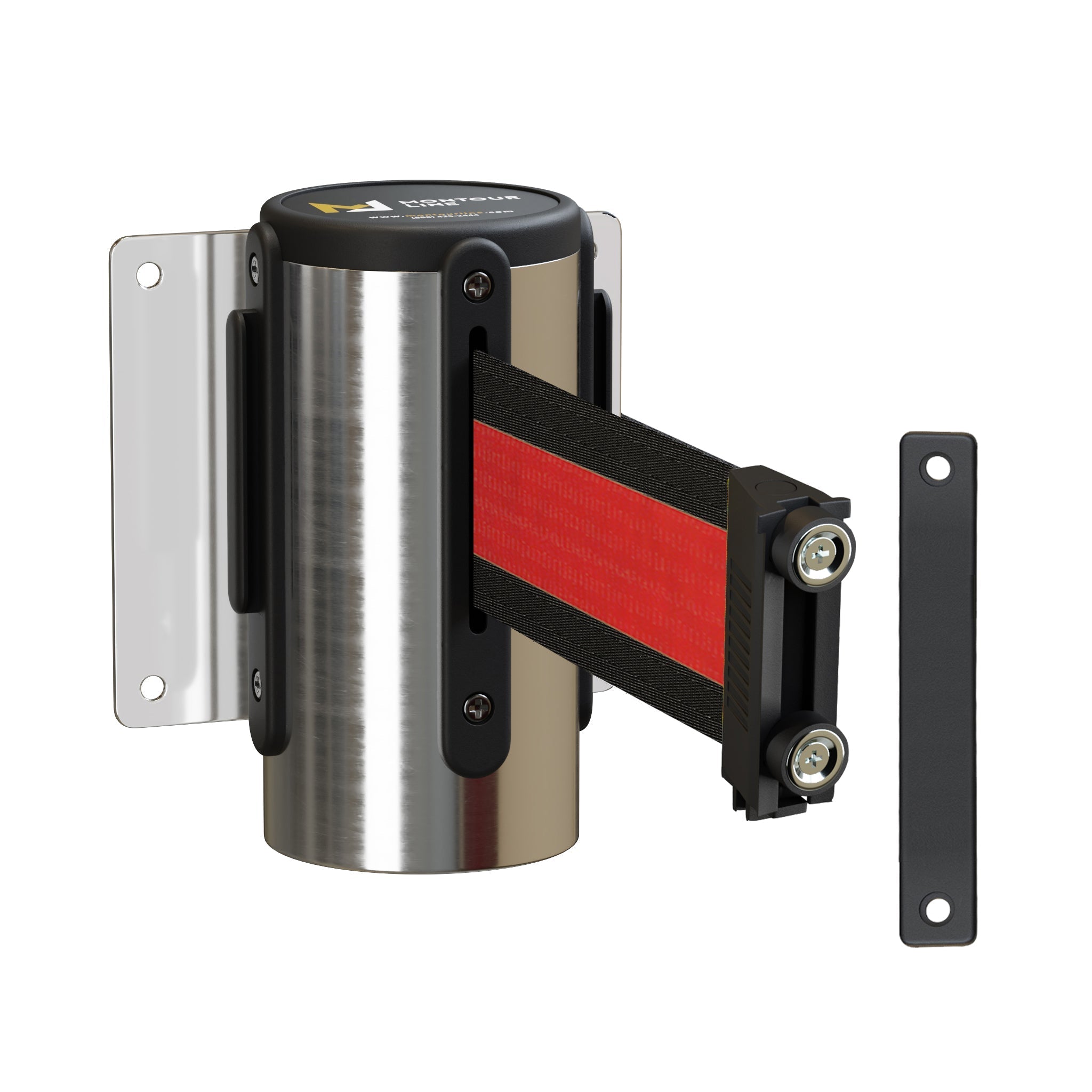 Wall Mounted Retractable Belt Barrier, Fixed Mount, Polished Stainless Steel Casing with Magnetic Belt End, 8.5 ft Belt - Montour Line WM115 - Crowd Control Warehouse