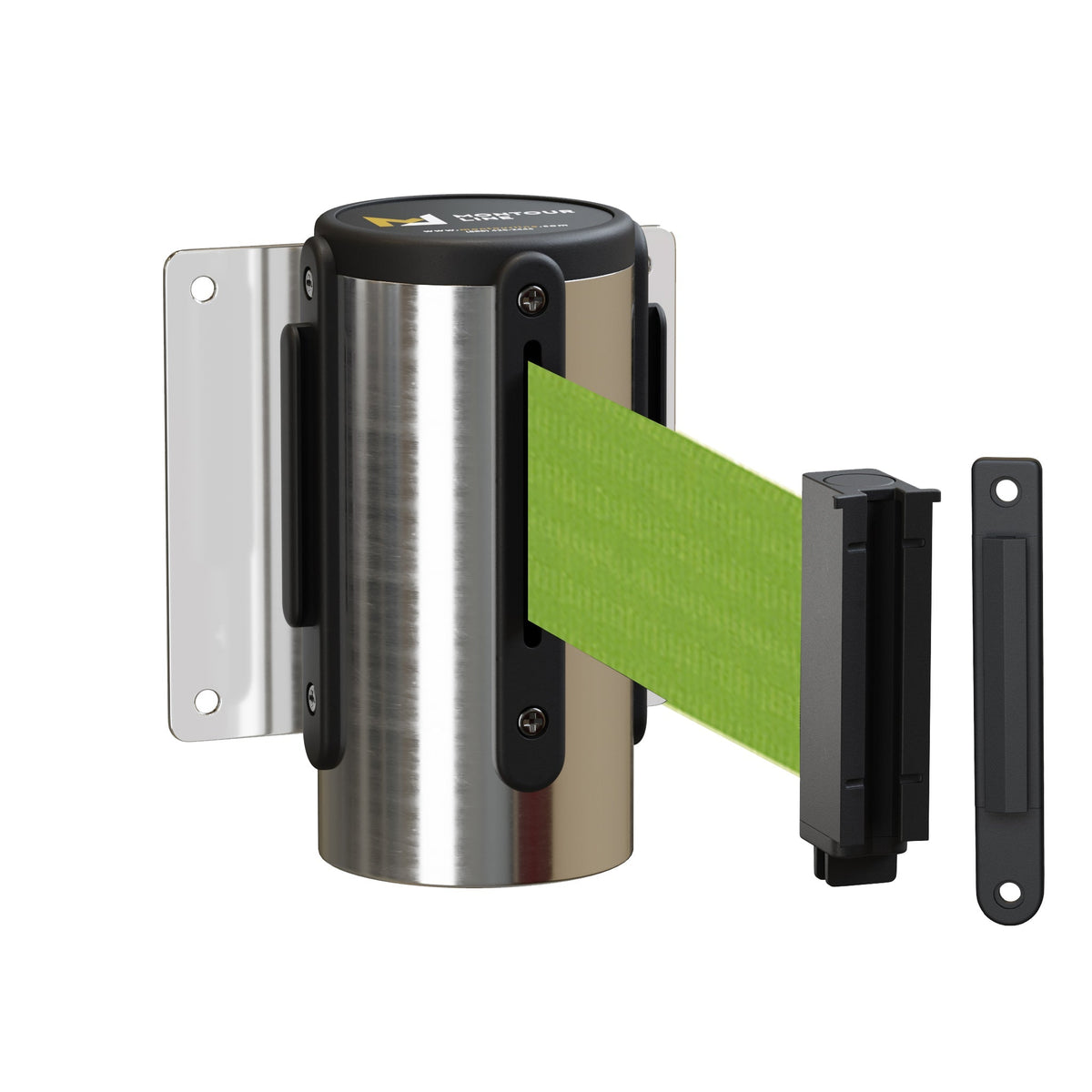 Wall Mounted Retractable Belt Barrier, Fixed Mount, Polished Stainless Steel Casing with Standard Belt End, 11 ft Belt - Montour Line WM115 - Crowd Control Warehouse