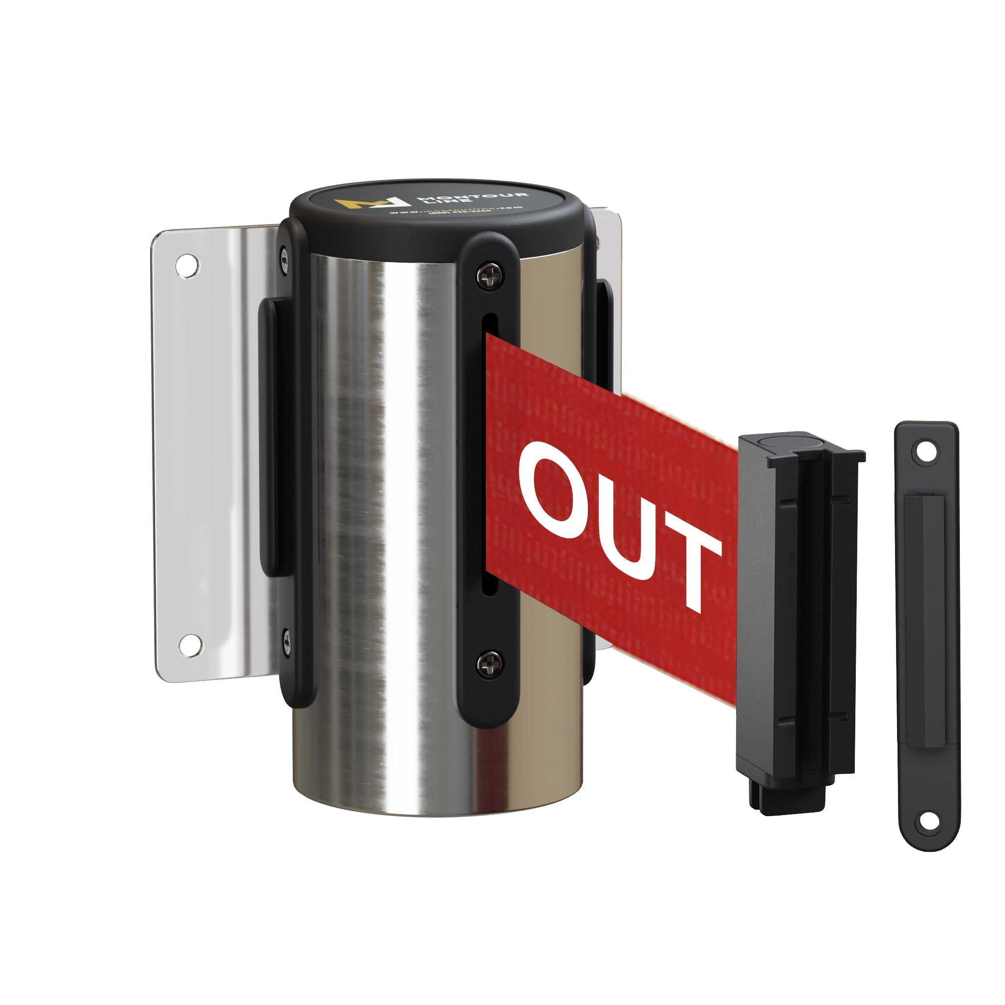 Wall Mounted Retractable Belt Barrier, Fixed Mount, Polished Stainless Steel Casing with Standard Belt End, 11 ft Belt - Montour Line WM115 - Crowd Control Warehouse