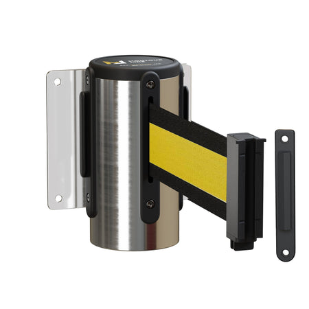 Wall Mounted Retractable Belt Barrier, Fixed Mount, Polished Stainless Steel Casing with Standard Belt End, 11 ft Belt - Montour Line WM115 - Crowd Control Warehouse