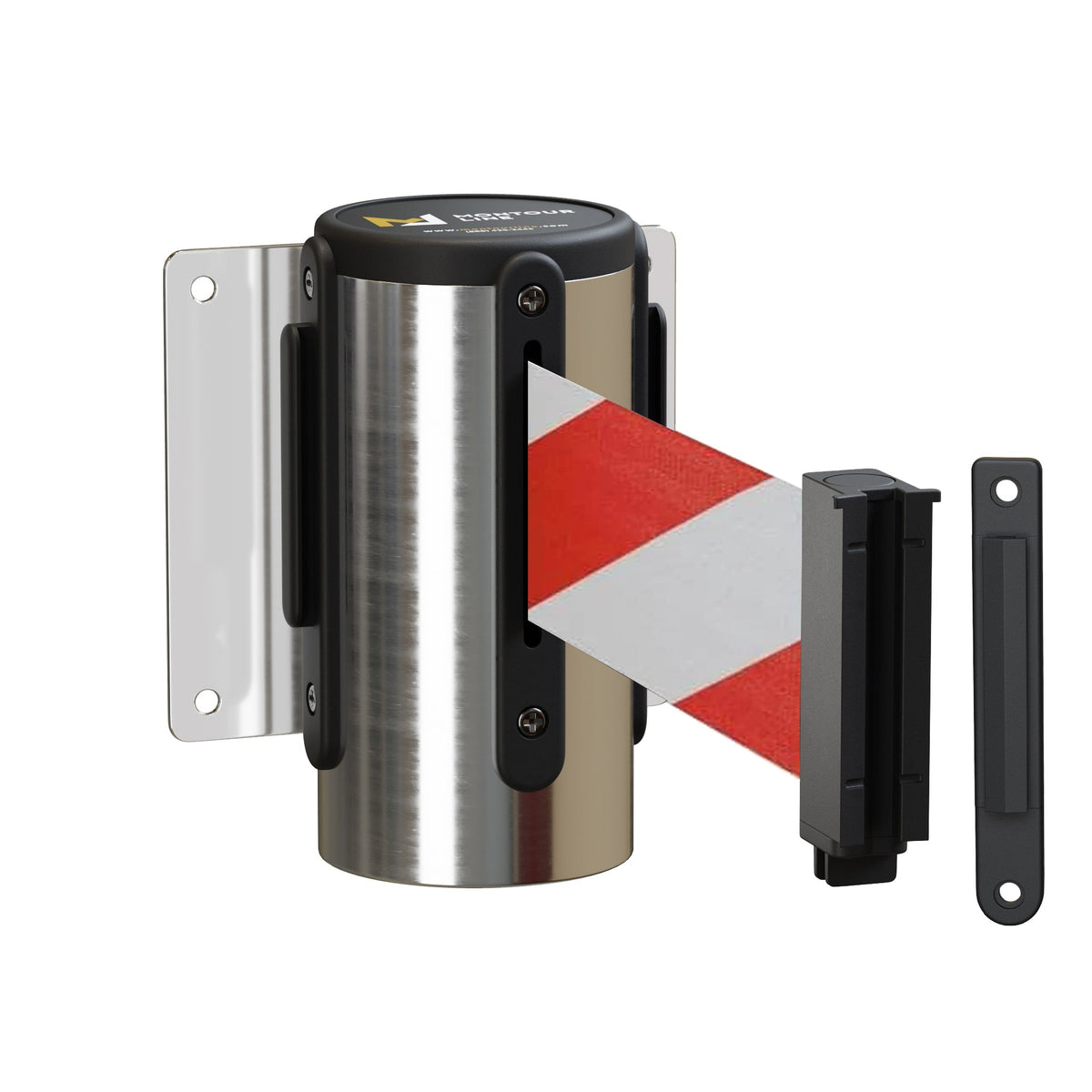 Wall Mounted Retractable Belt Barrier, Fixed Mount, Polished Stainless Steel Casing with Standard Belt End, 11 ft Belt - Montour Line WM115 - Crowd Control Warehouse