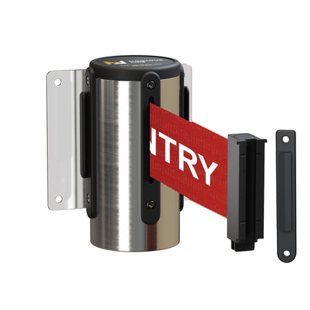 Wall Mounted Retractable Belt Barrier, Fixed Mount, Polished Stainless Steel Casing with Standard Belt End, 11 ft Belt - Montour Line WM115 - Crowd Control Warehouse