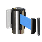 Wall Mounted Retractable Belt Barrier, Fixed Mount, Polished Stainless Steel Casing with Standard Belt End, 11 ft Belt - Montour Line WM115 - Crowd Control Warehouse