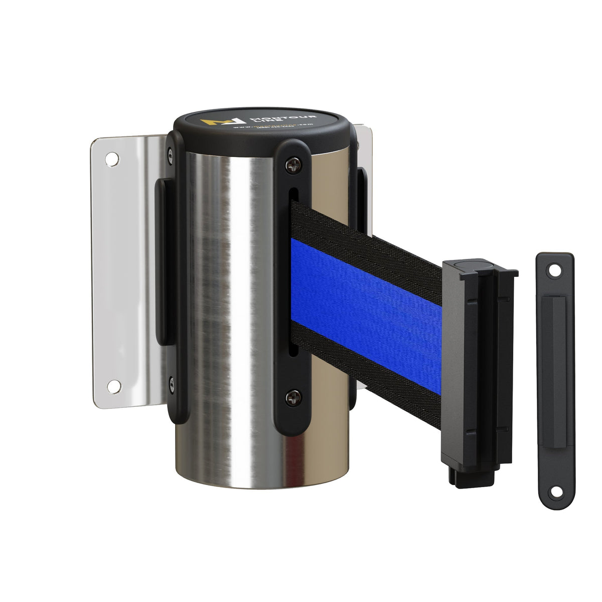 Wall Mounted Retractable Belt Barrier, Fixed Mount, Polished Stainless Steel Casing with Standard Belt End, 11 ft Belt - Montour Line WM115 - Crowd Control Warehouse