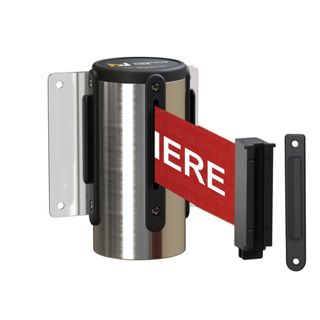 Wall Mounted Retractable Belt Barrier, Fixed Mount, Polished Stainless Steel Casing with Standard Belt End, 11 ft Belt - Montour Line WM115 - Crowd Control Warehouse