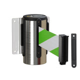 Wall Mounted Retractable Belt Barrier, Fixed Mount, Polished Stainless Steel Casing with Standard Belt End, 11 ft Belt - Montour Line WM115 - Crowd Control Warehouse