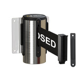 Wall Mounted Retractable Belt Barrier, Fixed Mount, Polished Stainless Steel Casing with Standard Belt End, 11 ft Belt - Montour Line WM115 - Crowd Control Warehouse