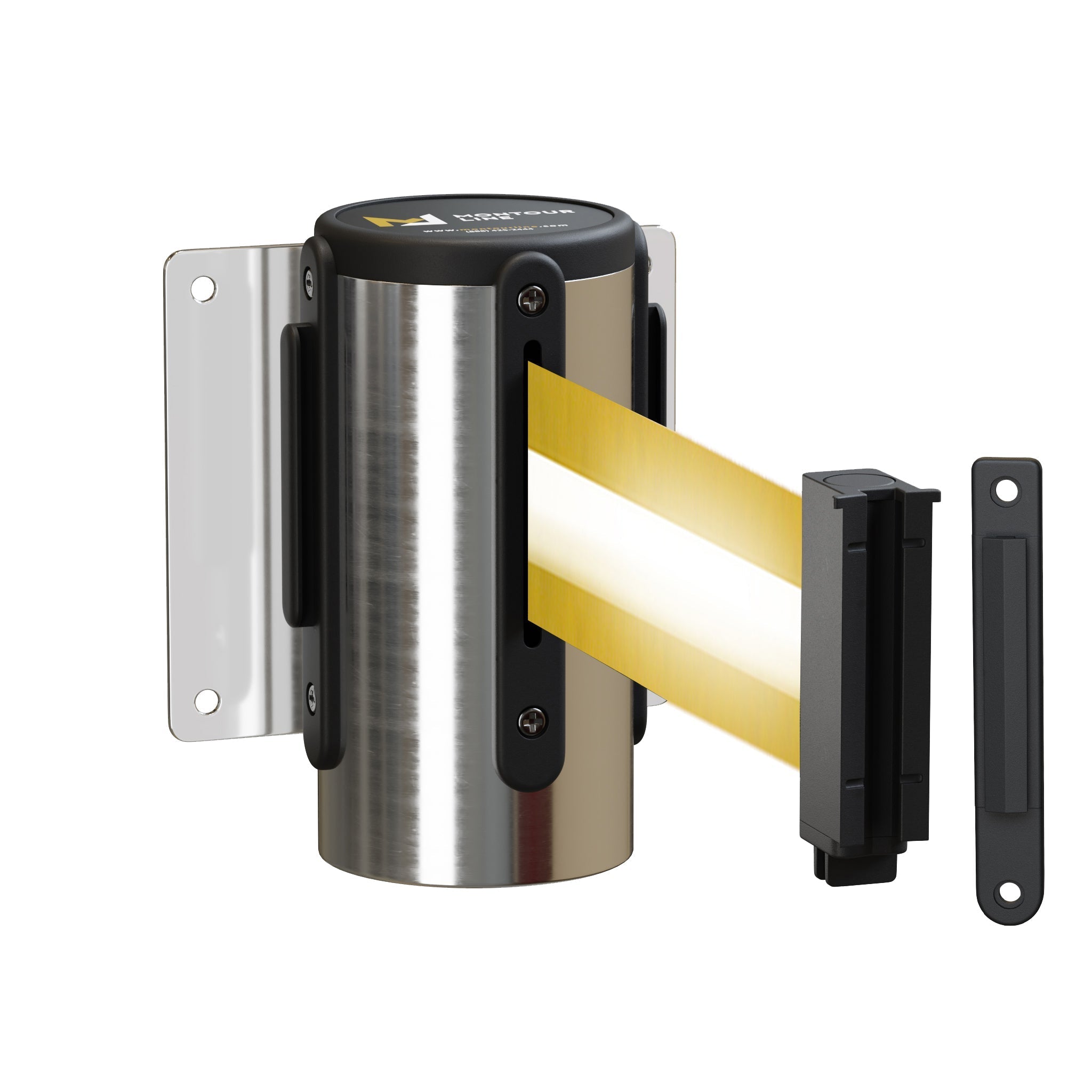 Wall Mounted Retractable Belt Barrier, Fixed Mount, Polished Stainless Steel Casing with Standard Belt End, 11 ft Belt - Montour Line WM115 - Crowd Control Warehouse