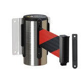Wall Mounted Retractable Belt Barrier, Fixed Mount, Polished Stainless Steel Casing with Standard Belt End, 11 ft Belt - Montour Line WM115 - Crowd Control Warehouse
