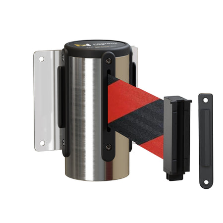Wall Mounted Retractable Belt Barrier, Fixed Mount, Polished Stainless Steel Casing with Standard Belt End, 11 ft Belt - Montour Line WM115 - Crowd Control Warehouse