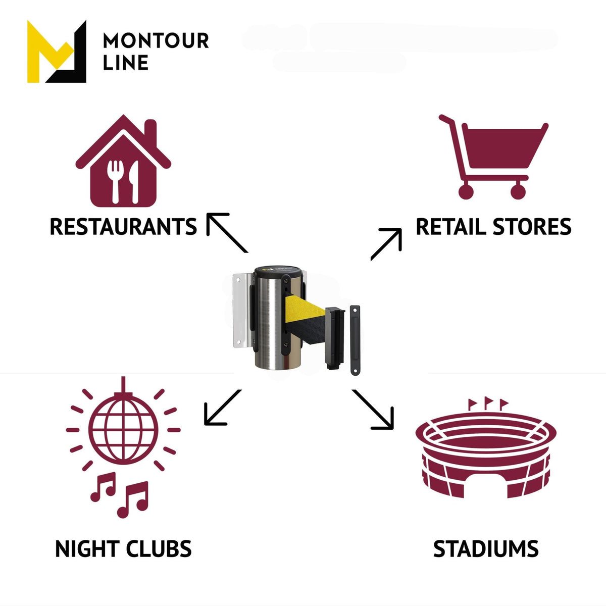 Wall Mounted Retractable Belt Barrier, Fixed Mount, Polished Stainless Steel Casing with Standard Belt End, 11 ft Belt - Montour Line WM115 - Crowd Control Warehouse